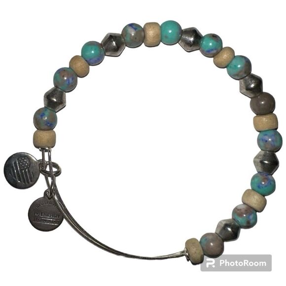 ALEX & ANI SILVER TONE BANGLE/BRACELET WITH TEAL BEADS - Picture 2 of 5